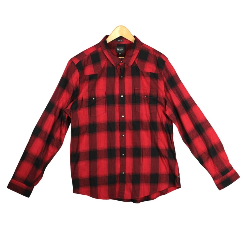 GUESS Snap On Flannel Button Down SLIM Fit Shirt Mens XL Red Black Plaid L/S NWT - Picture 1 of 11